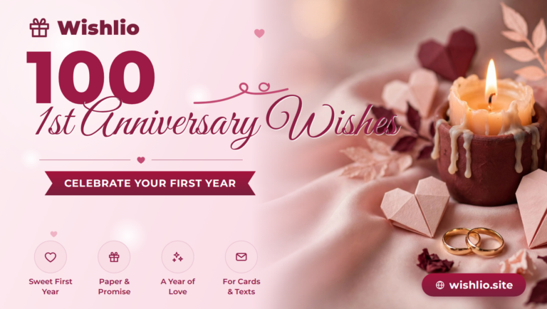 1st anniversary wishes featured image with paper origami hearts, candles and wedding rings in soft pink