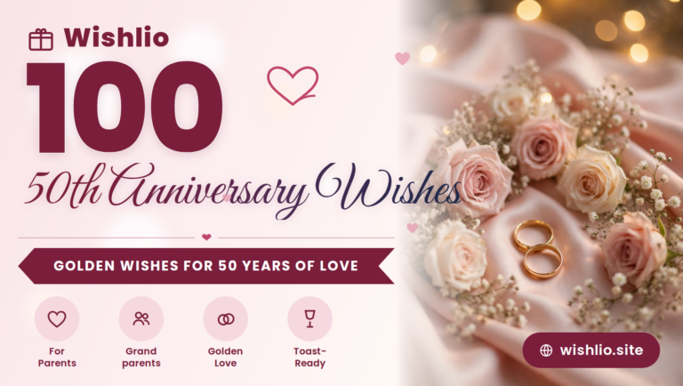 100 50th anniversary wishes card with golden rings and flowers