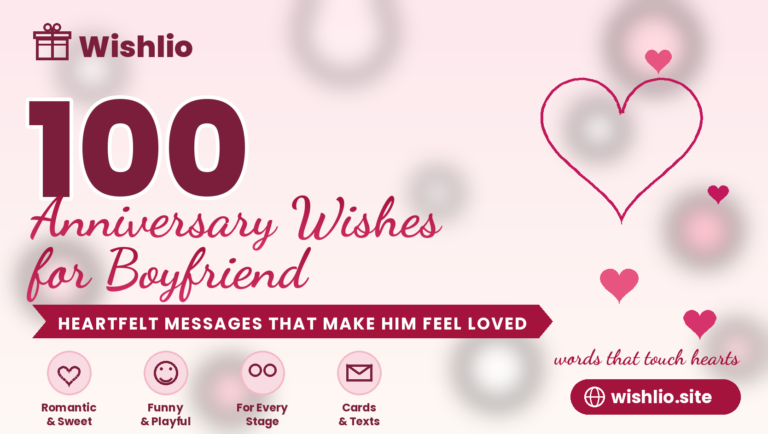 100 Anniversary Wishes for Boyfriend featured image — romantic pink Wishlio design with hearts and message badges