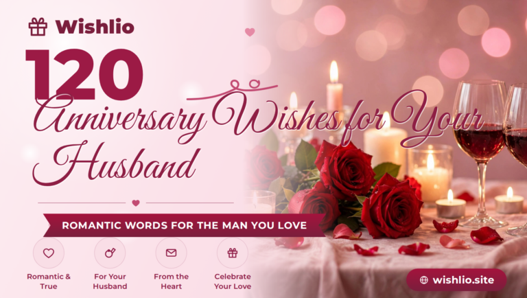 120 romantic anniversary wishes for husband featured image with red roses, candles and wine glasses on wishlio.site