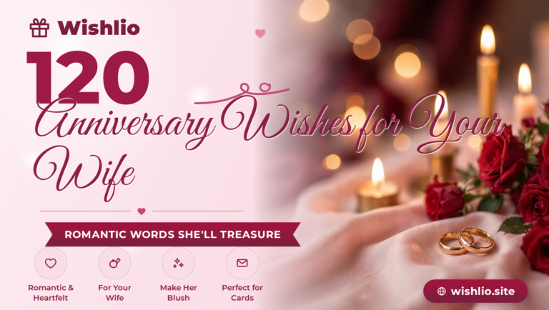 Anniversary wishes for wife featured image with romantic red roses, wedding rings and glowing candles
