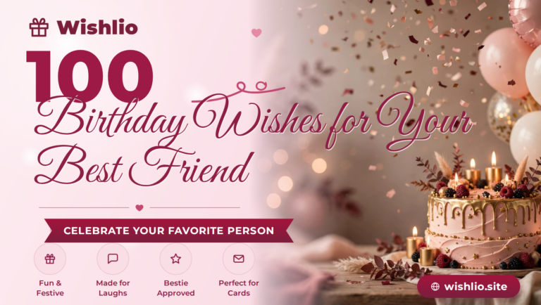 Birthday wishes for best friend featured image with colorful balloons, birthday cake and falling confetti