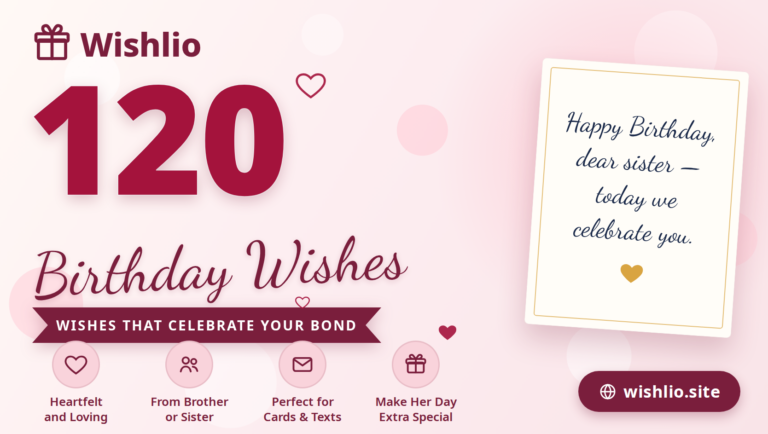 120 birthday wishes for sister — featured image with pink bokeh background, greeting card, and hearts by Wishlio