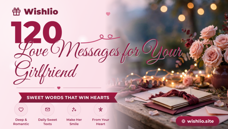 Love messages for girlfriend featured image with pink roses, love letters and fairy lights in romantic tones